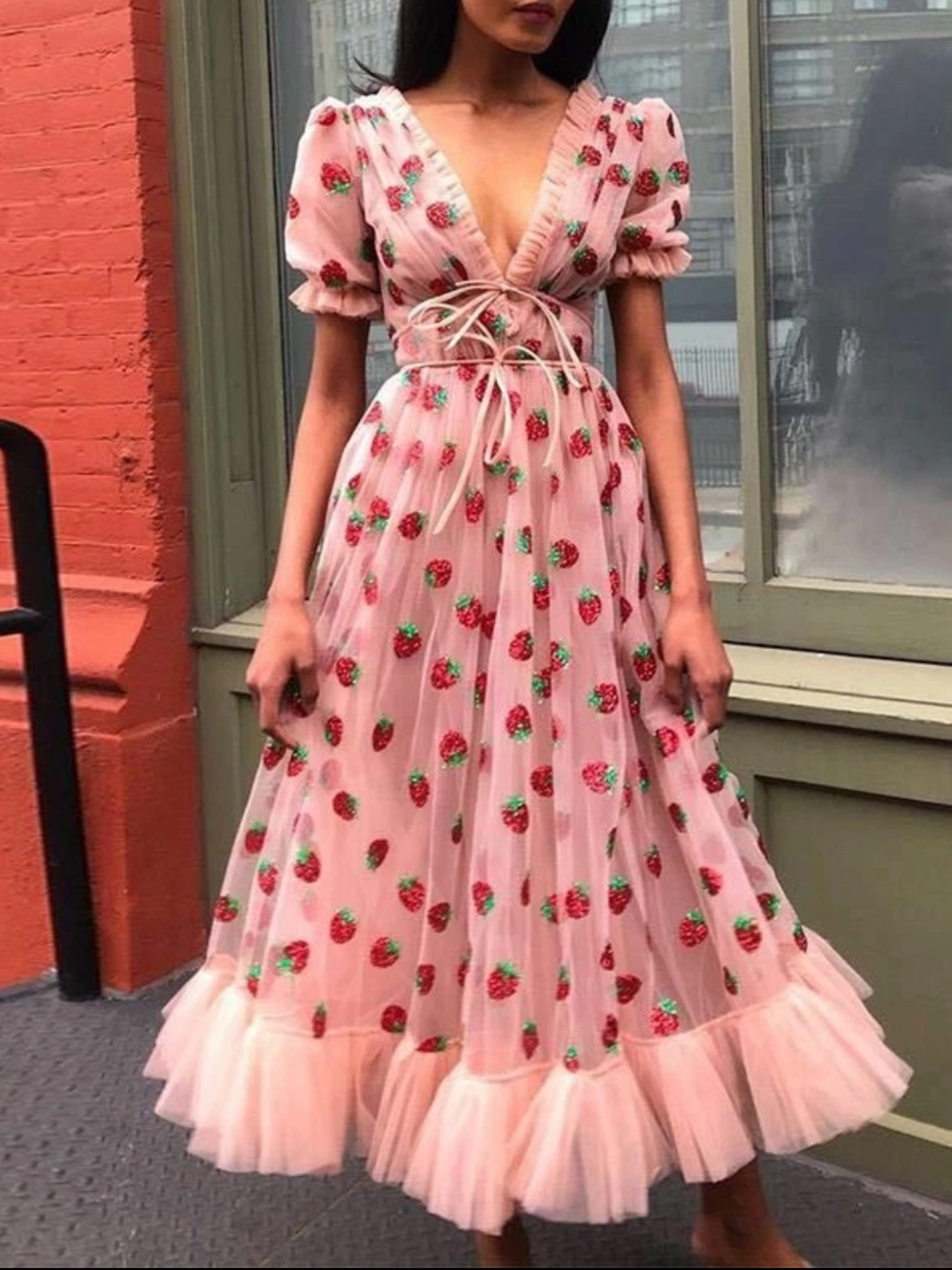 Sheer Pink Strawberry Embroidered Maxi Dress